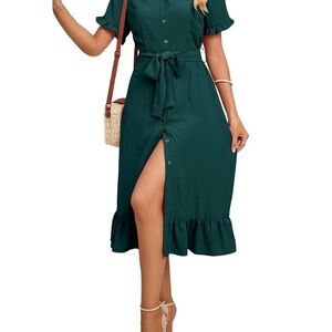 Women's Dark Green Button-Front Tie-Waist Ruffle Midi Dress